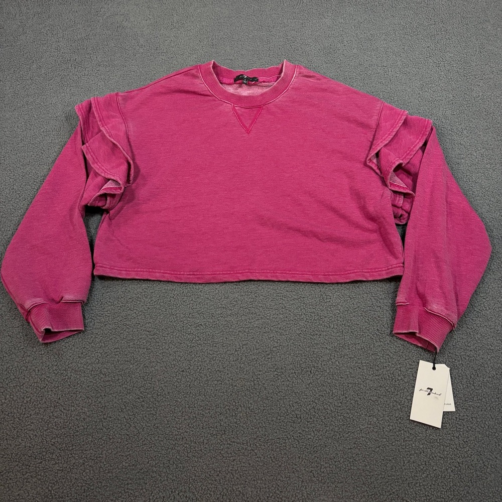 7 For All Mankind Sweatshirt Womens L Pink Ruffle Sleeve Cropped French Terry